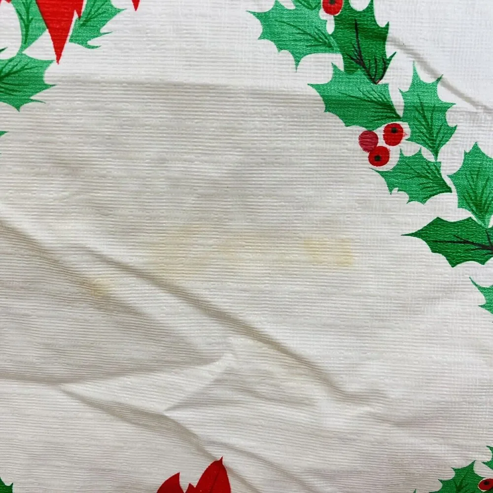 Vintage Vinyl Plastic Tablecloth Poinsettias Flannel Back Christmas Red Green Ea